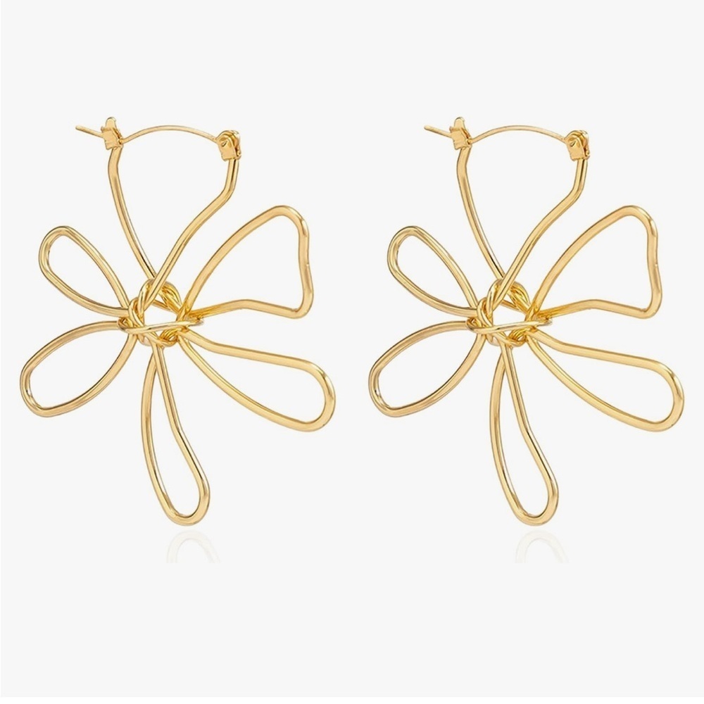 Gold wire Flower abstract Hoop Earrings